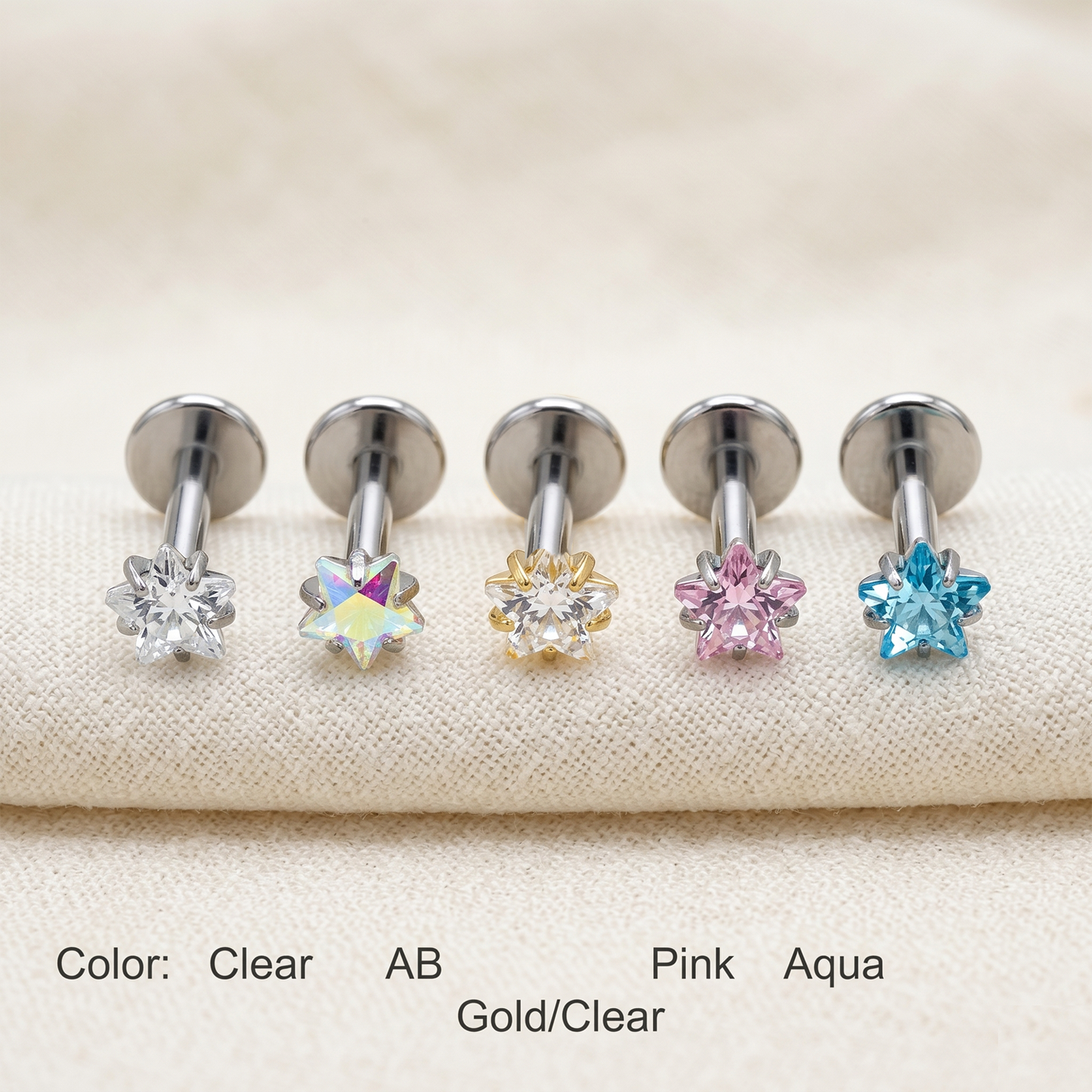 Titanium Aqua Star CZ Threadless Stud