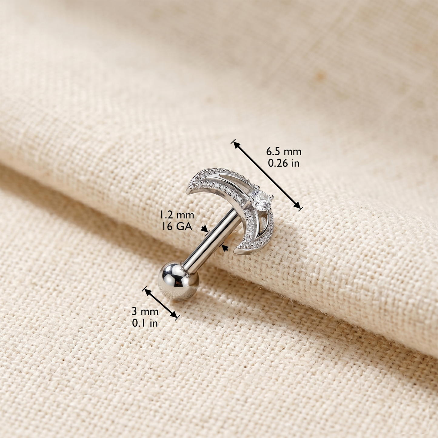 Crescent Moon CZ Threaded Labret Stud 16G
