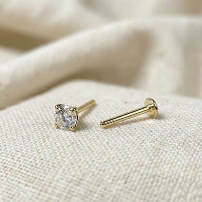 14K Gold Prong Set CZ Threadless Stud 20G