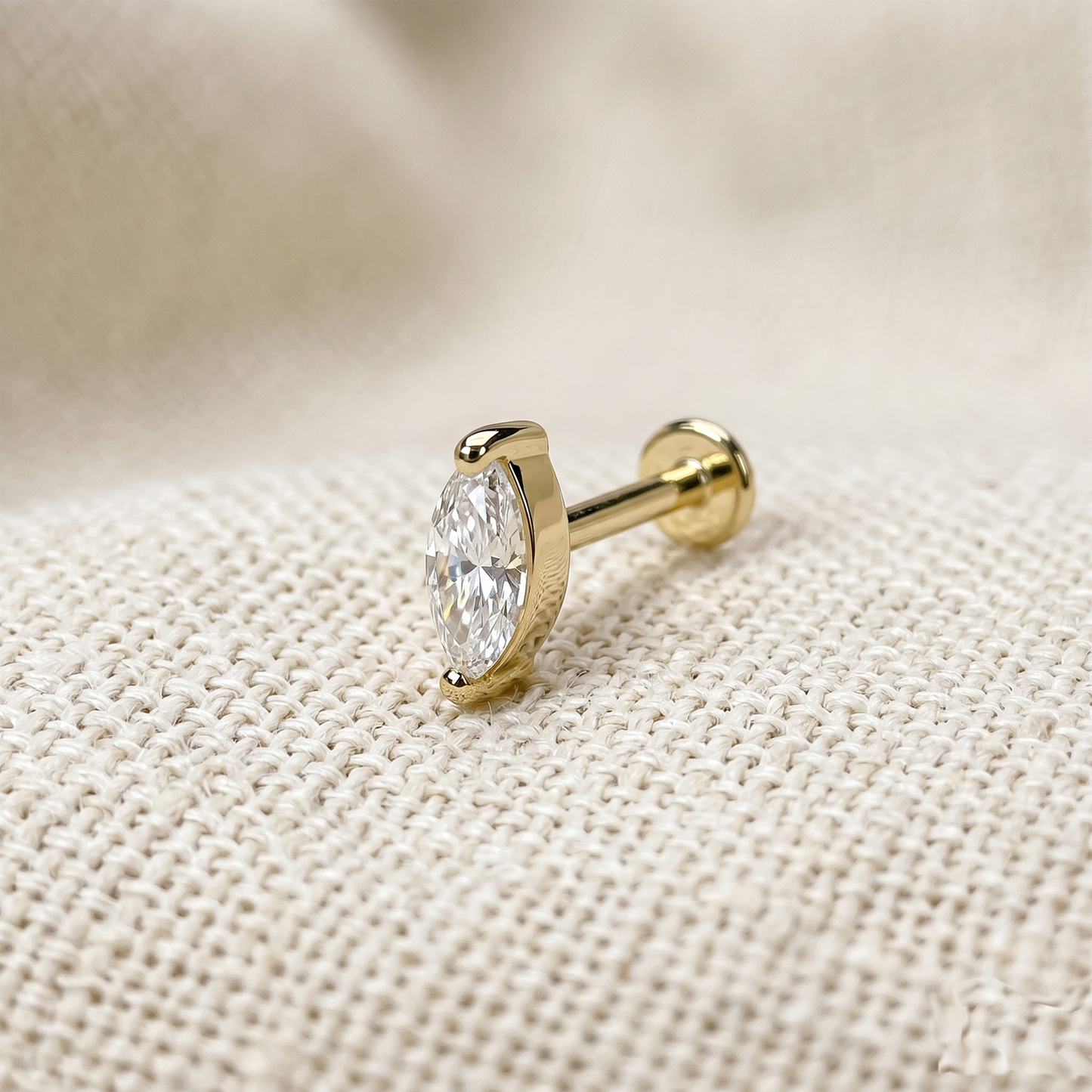 14K Gold Marquise CZ Threadless Stud 20G