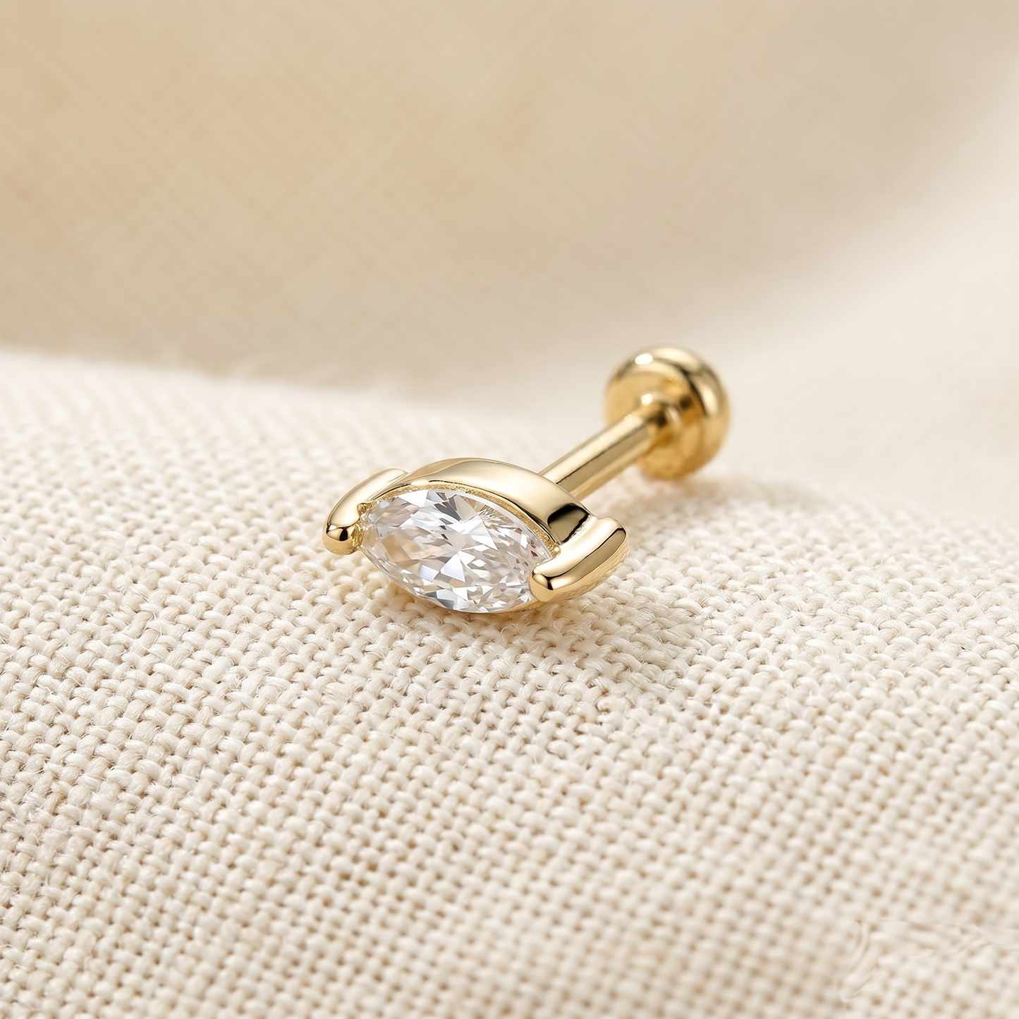 14K Gold Marquise CZ Threadless Stud 20G