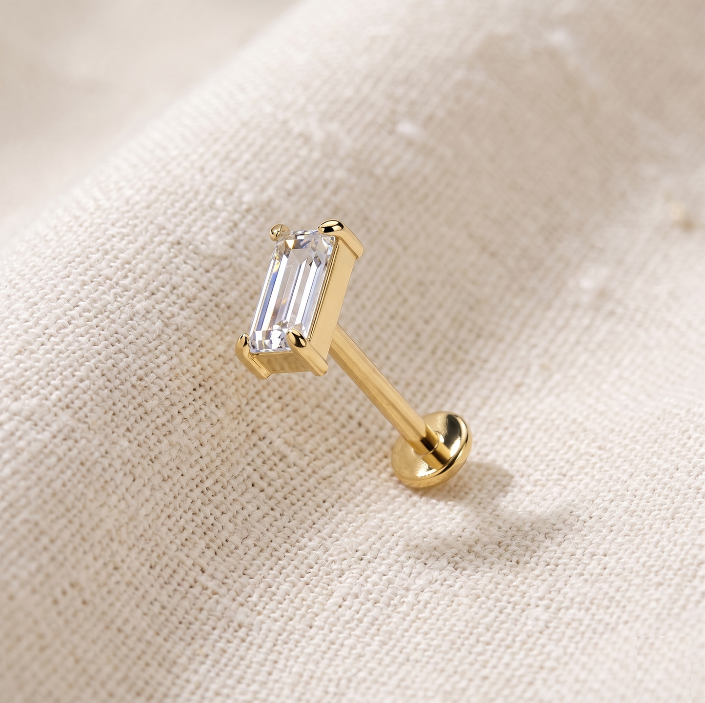 14K Gold Baguette CZ Threadless Stud 20G