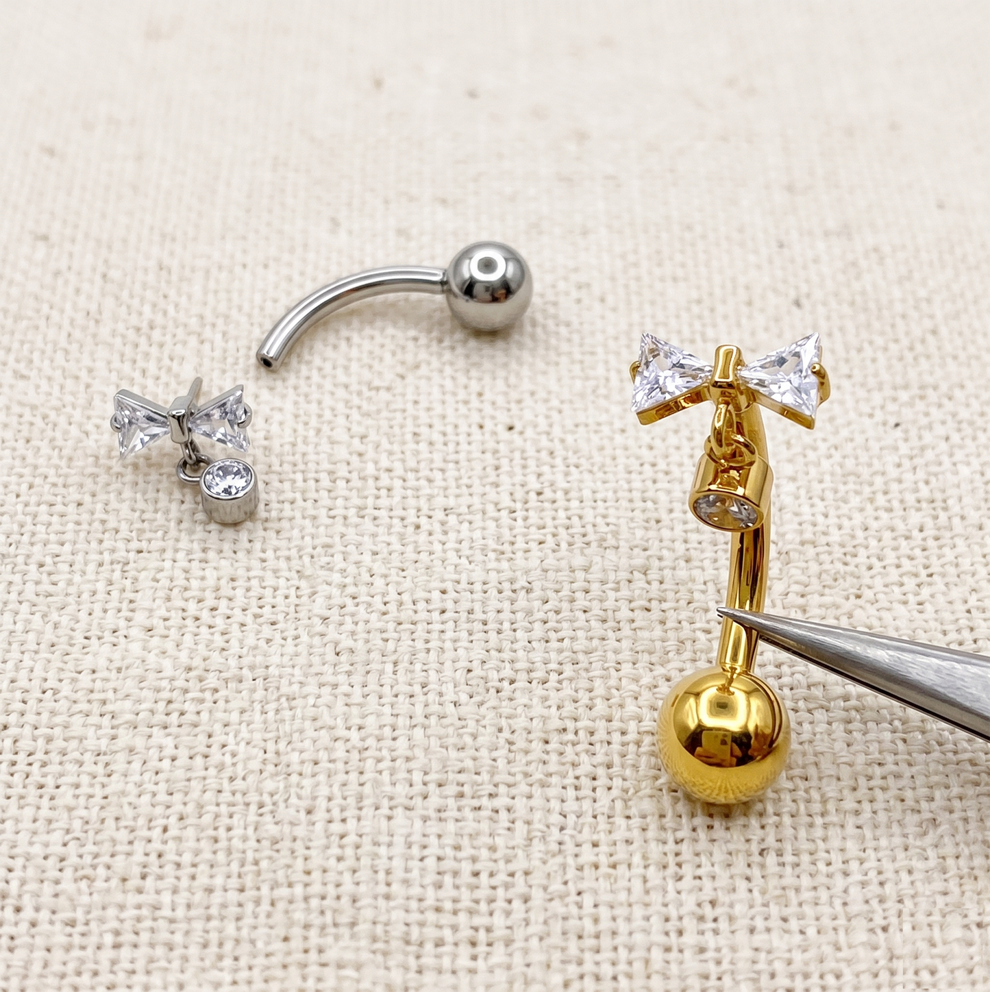Titanium Bowtie CZ Dangle Belly Button Ring 14G