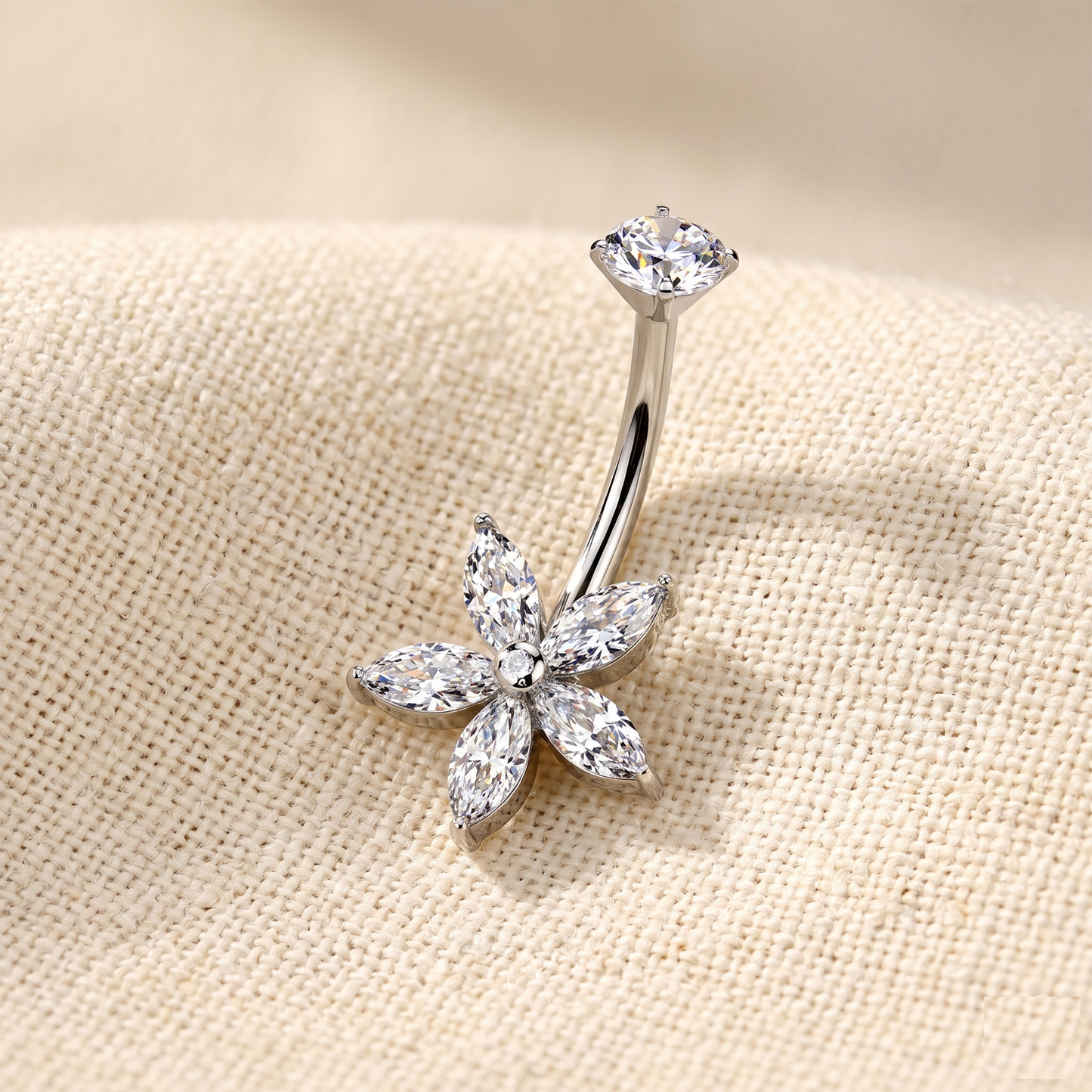 Surgical Steel Marquise CZ Flower Belly Ring 14G