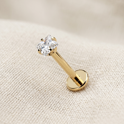Titanium Threaded Square Prong CZ Labret Stud 16G
