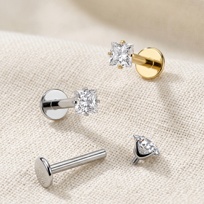 Titanium Threaded Square Prong CZ Labret Stud 16G