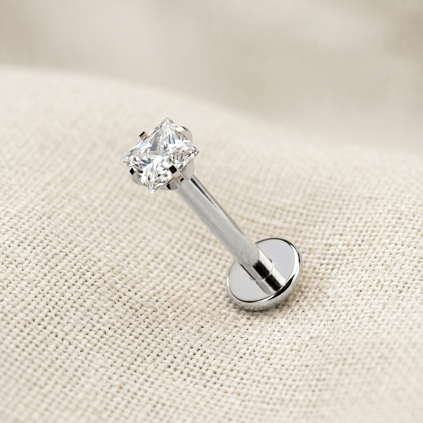 Titanium Threaded Square Prong CZ Labret Stud 16G