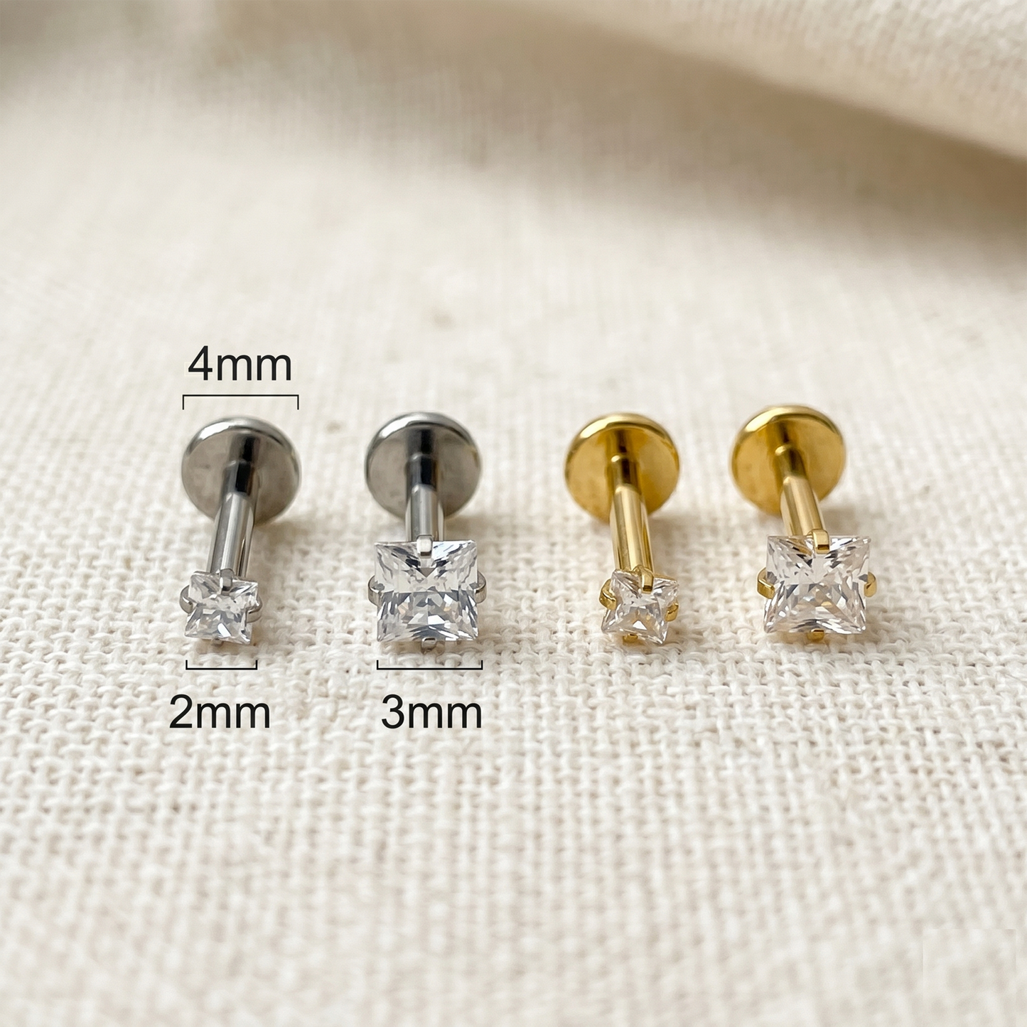 Titanium Threaded Square Prong CZ Labret Stud 16G