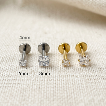 Titanium Threaded Square Prong CZ Labret Stud 16G