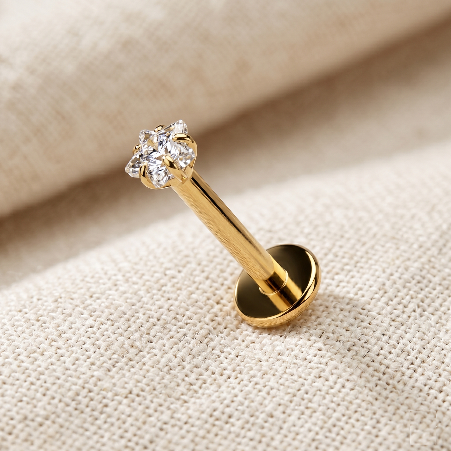 Titanium Threaded Star Prong CZ Labret Stud 16G