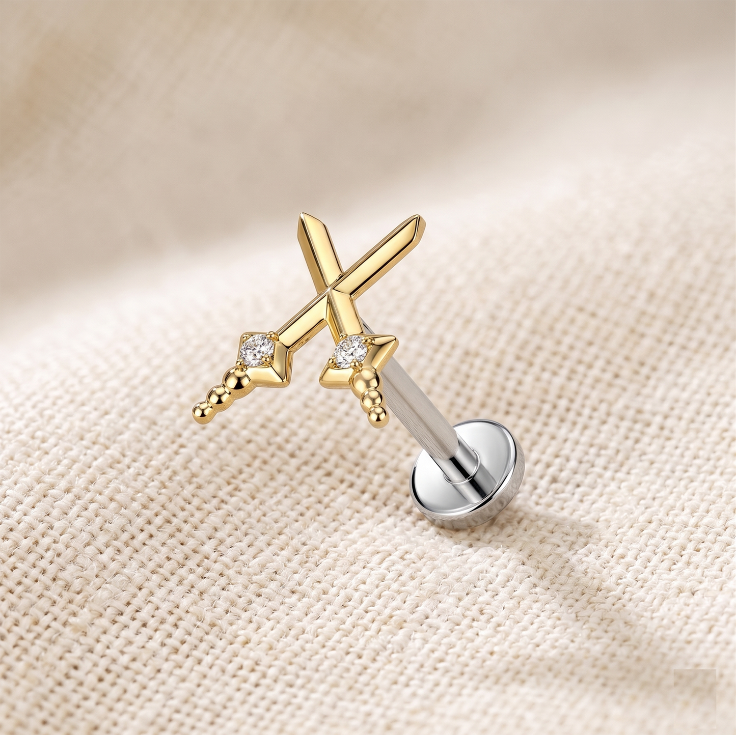 Titanium Threadless Cross Sword CZ Stud