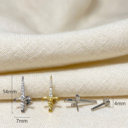 Titanium Threadless Sword Dagger CZ Stud