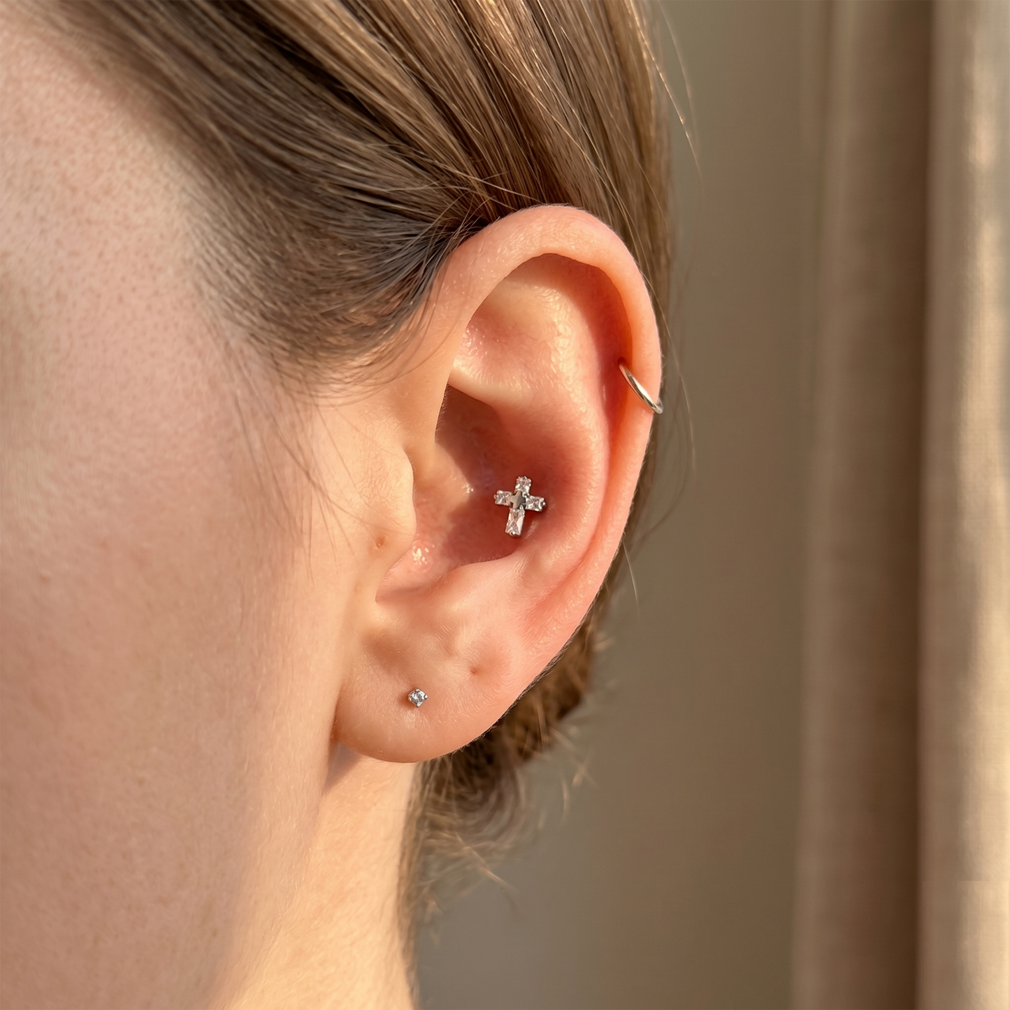 Titanium Threadless CZ Cross Top Stud