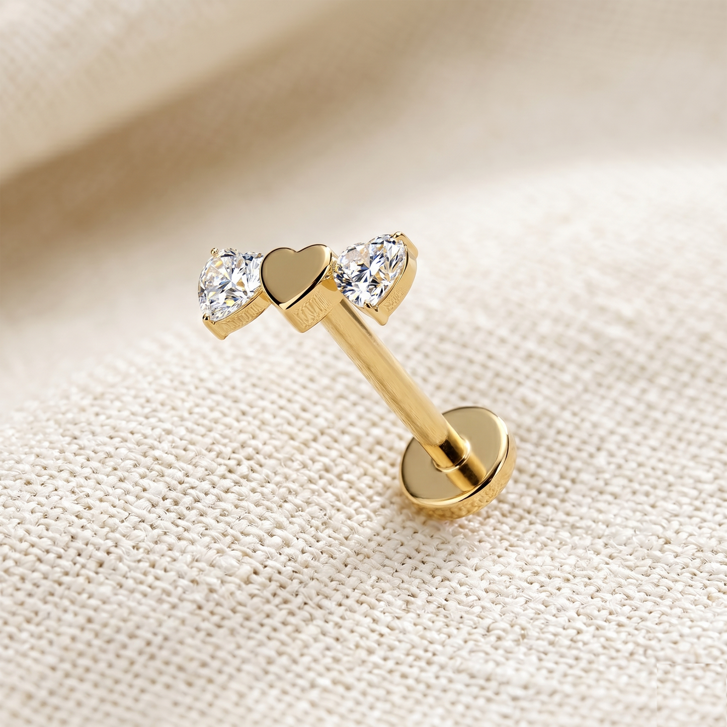 Titanium Triple Heart CZ Threadless Stud