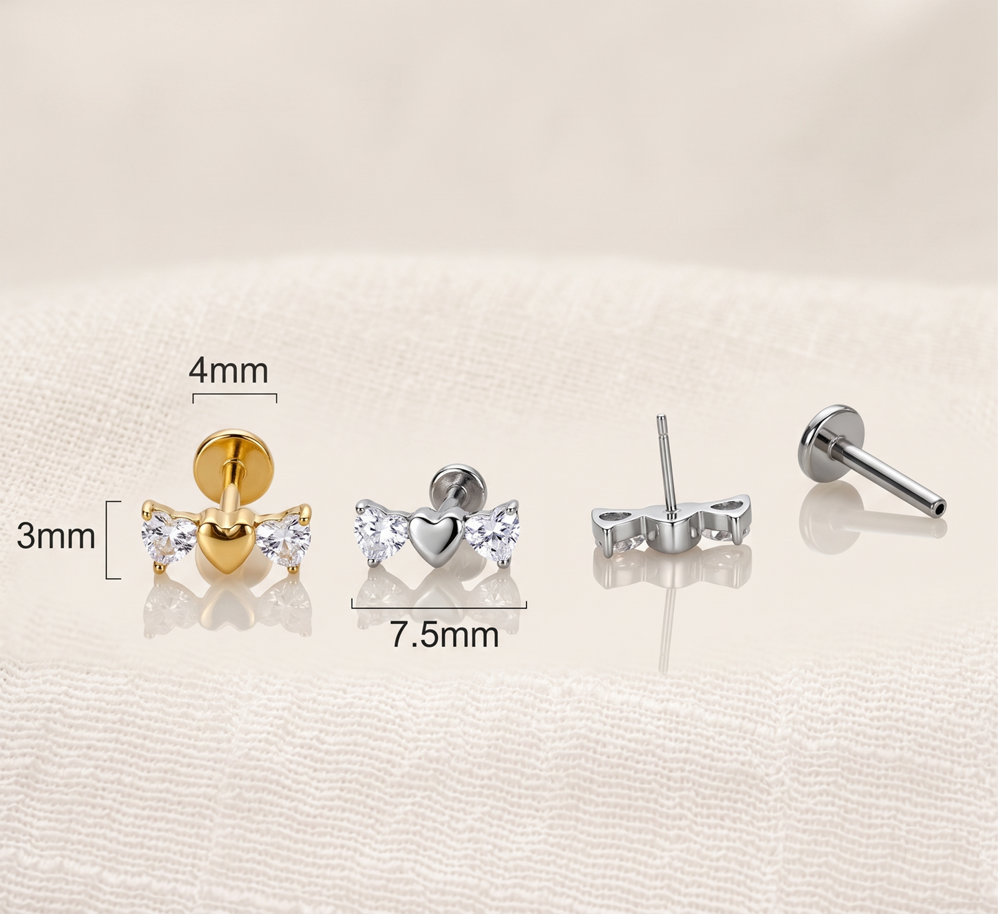 Titanium Triple Heart CZ Threadless Stud