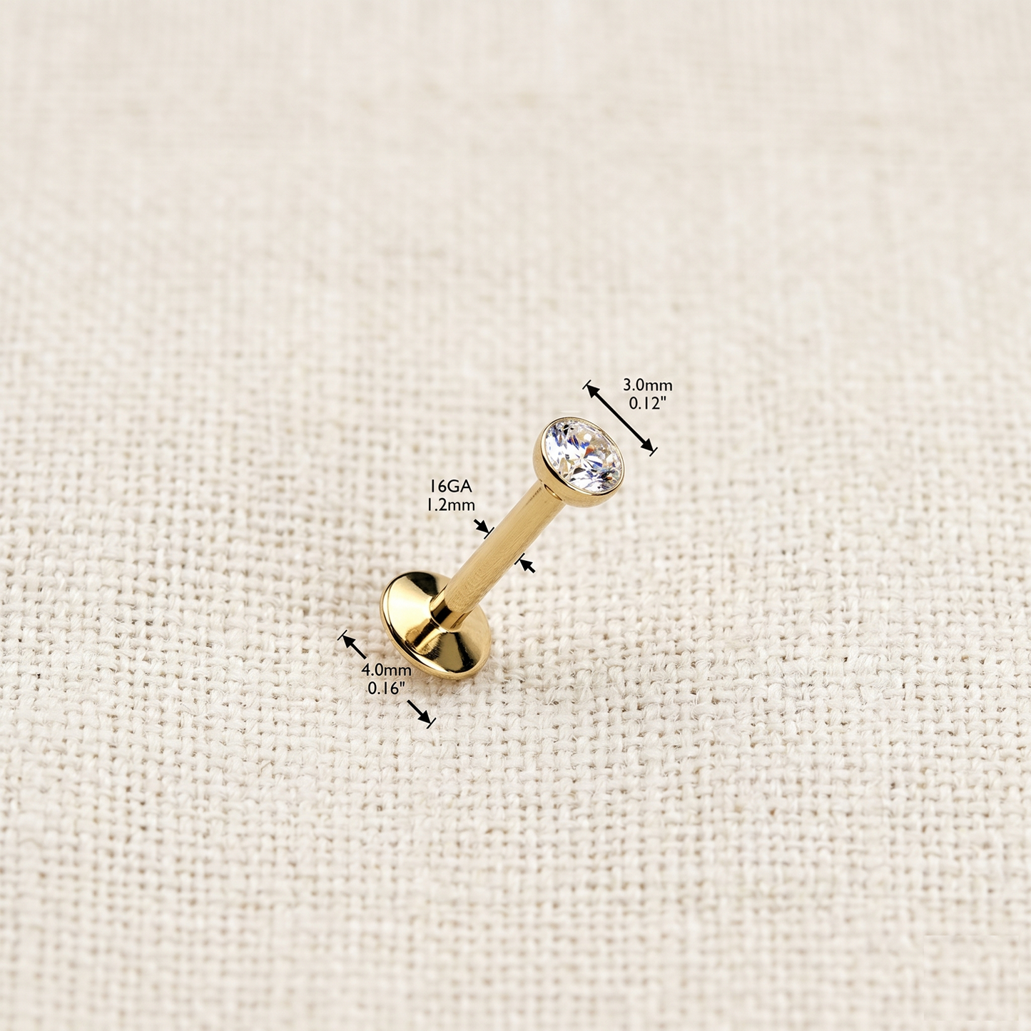 24K Gold PVD Titanium Threaded Labret CZ Top Stud