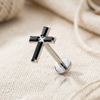 Titanium Baguette CZ Cross Threadless Stud