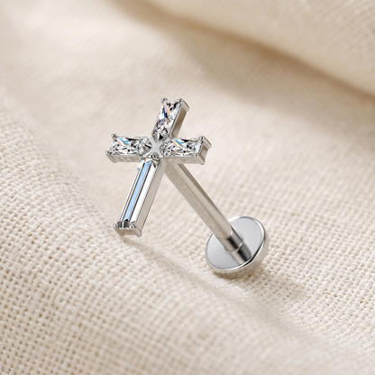Titanium Baguette CZ Cross Threadless Stud