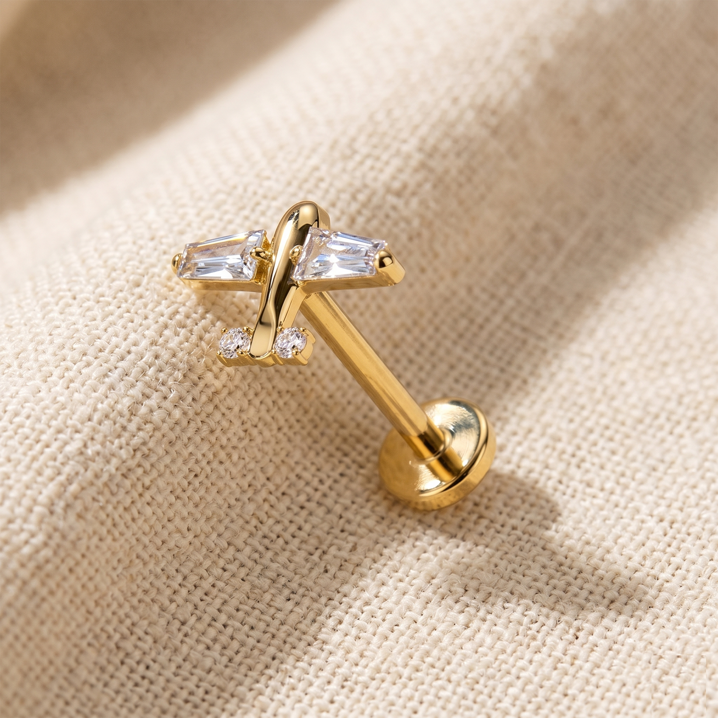 Titanium Threadless CZ Airplane Labret Stud
