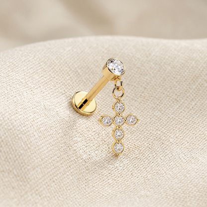 Surgical Steel CZ Cross Dangle Threaded Flat Back Stud 16G
