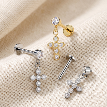 Surgical Steel CZ Cross Dangle Threaded Flat Back Stud 16G