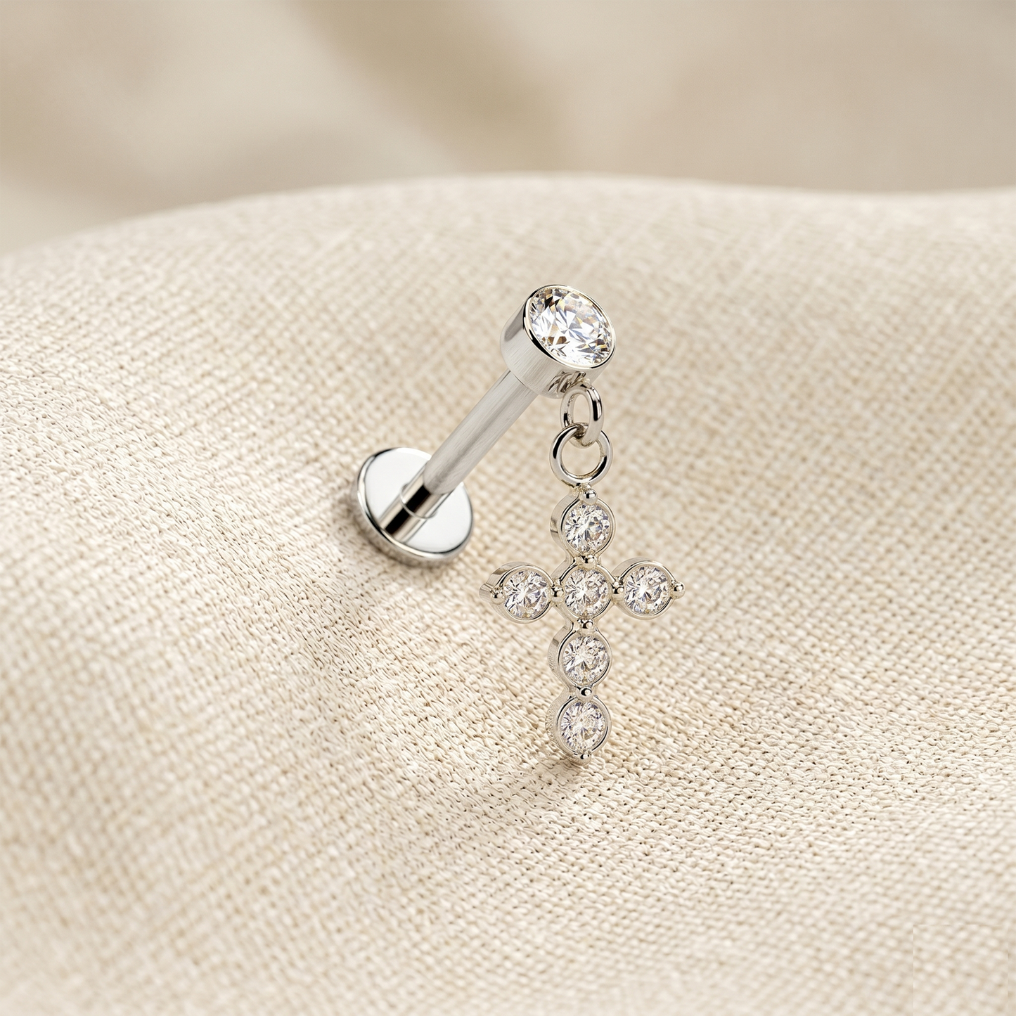 Surgical Steel CZ Cross Dangle Threaded Flat Back Stud 16G