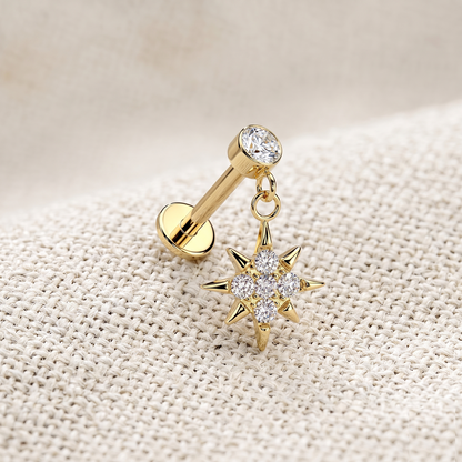 Surgical Steel CZ Starburst Dangle Threaded Flat Back Stud 16G