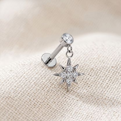 Surgical Steel CZ Starburst Dangle Threaded Flat Back Stud 16G