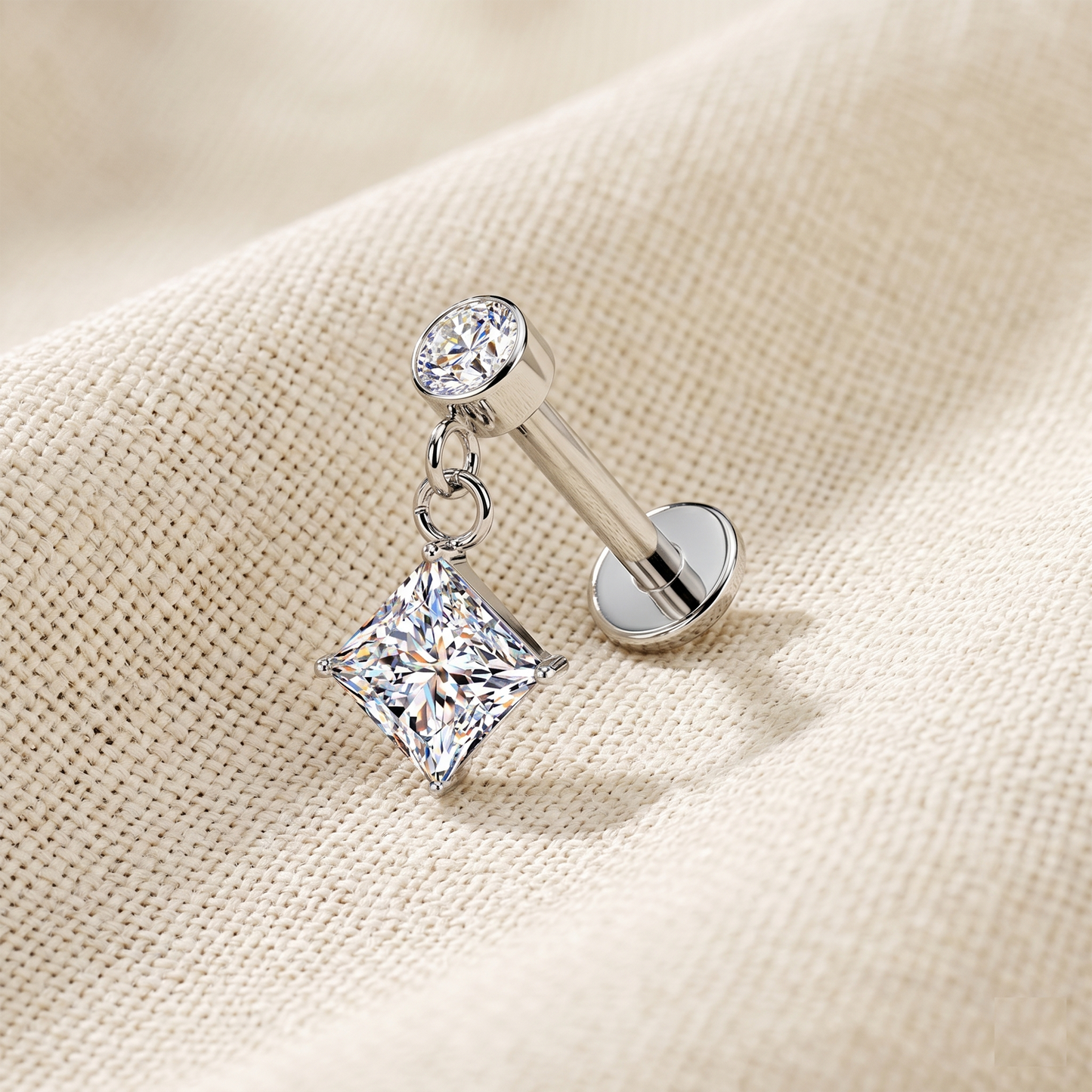 Surgical Steel Diamond CZ Dangle Threaded Flat Back Stud 16G