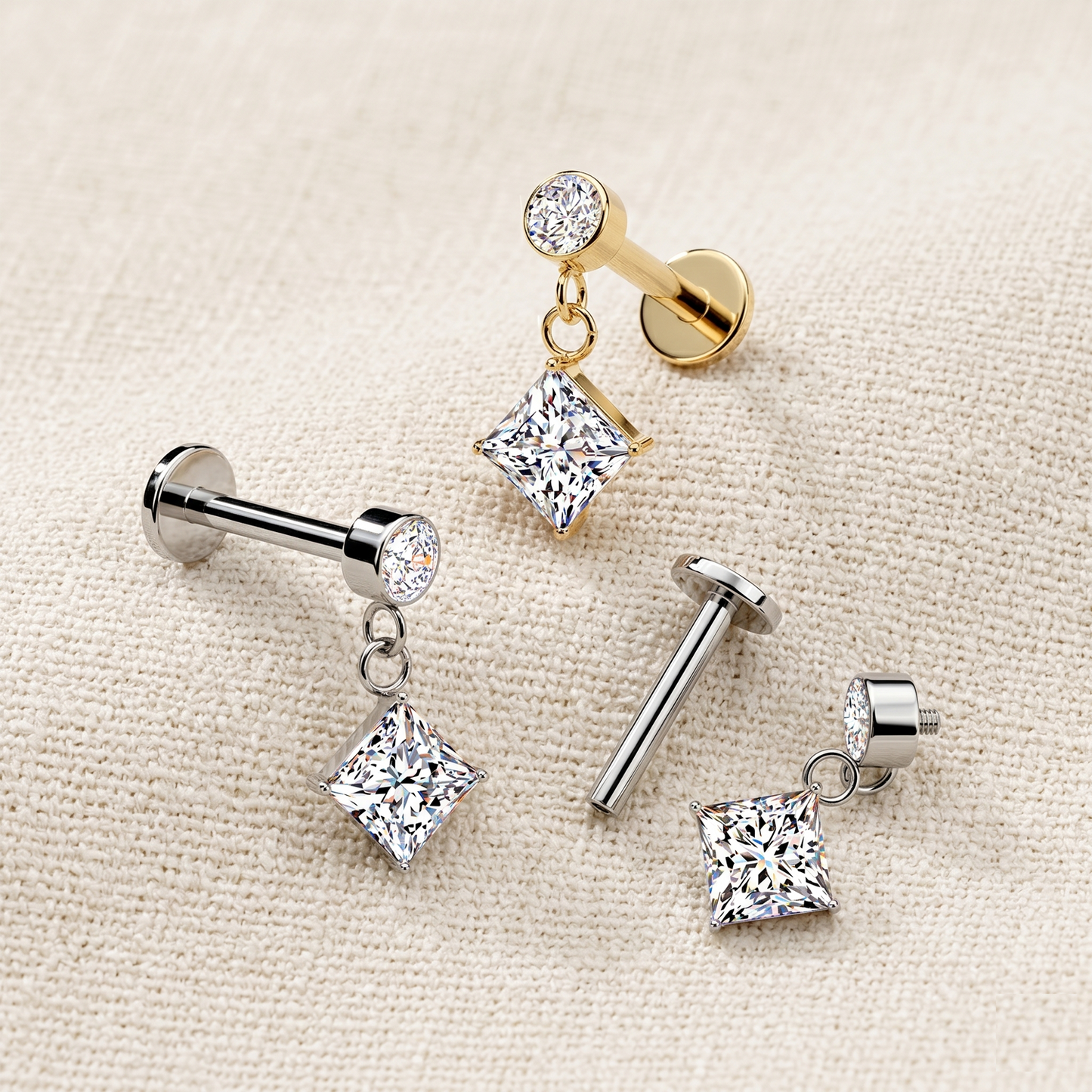 Surgical Steel Diamond CZ Dangle Threaded Flat Back Stud 16G