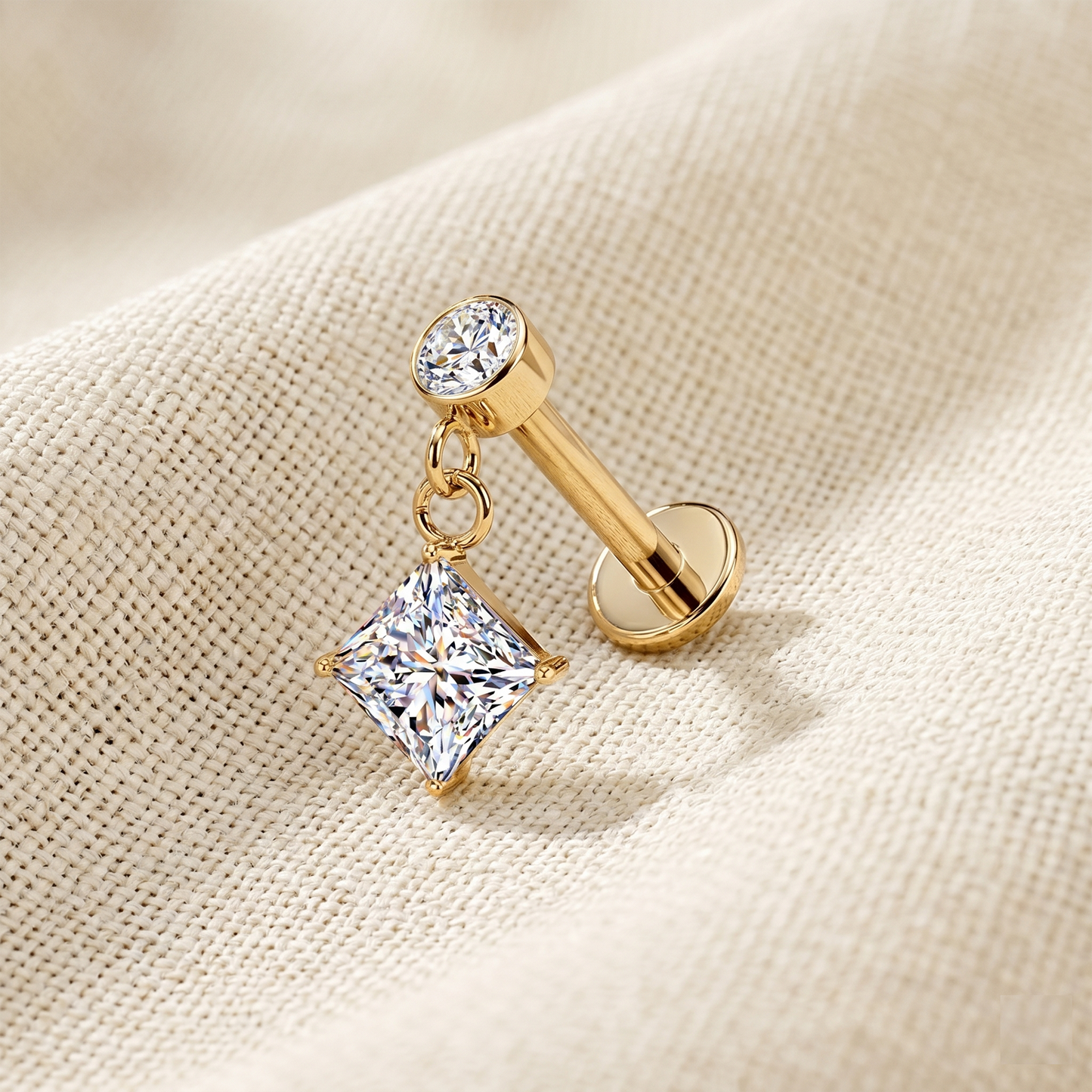 Surgical Steel Diamond CZ Dangle Threaded Flat Back Stud 16G