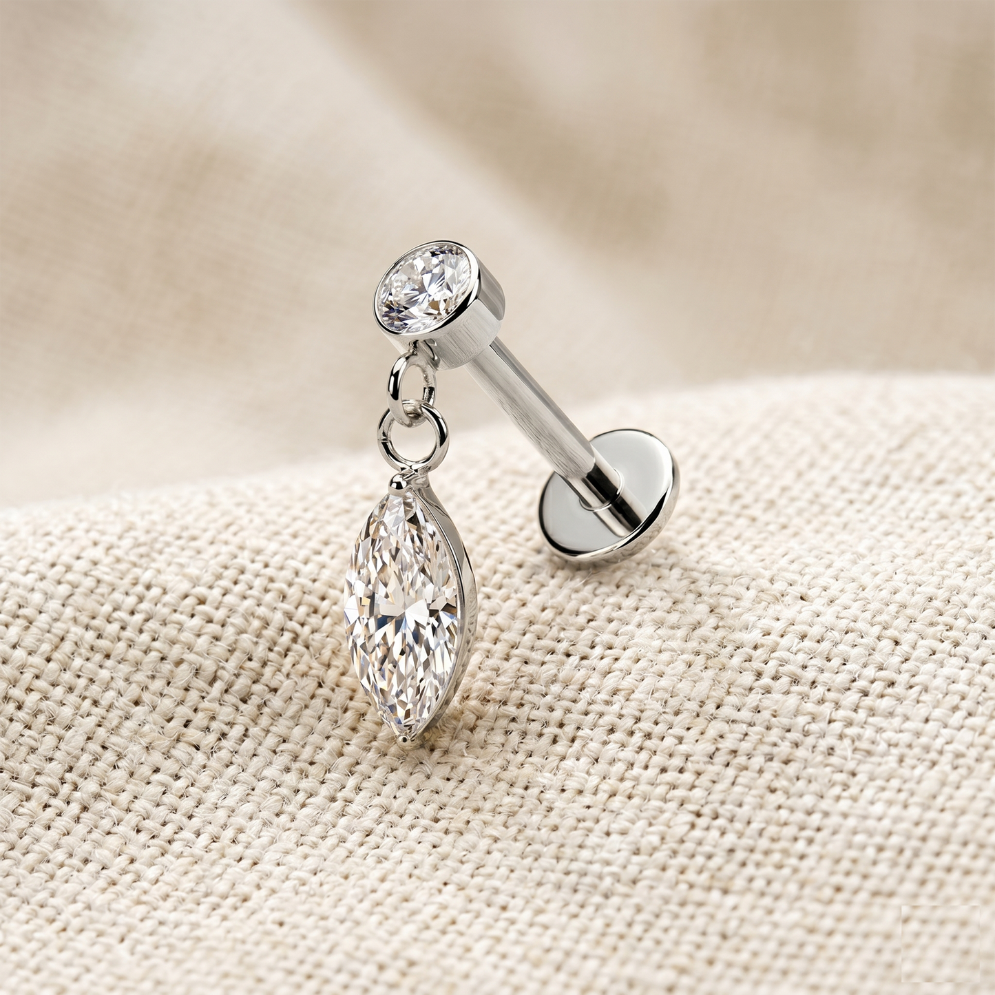 Surgical Steel Marquise CZ Dangle Threaded Flat Back Stud 16G