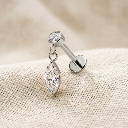 Surgical Steel Marquise CZ Dangle Threaded Flat Back Stud 16G