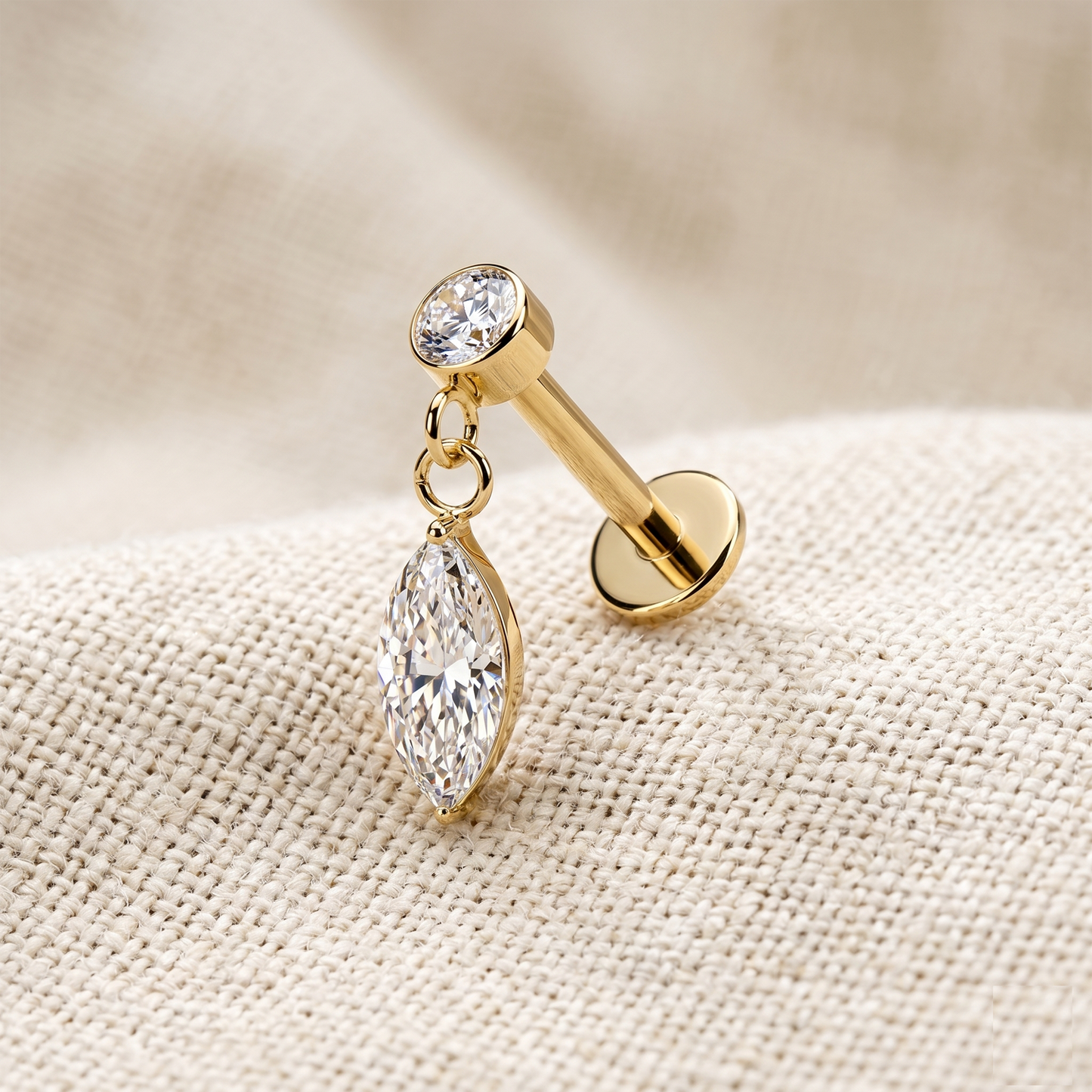 Surgical Steel Marquise CZ Dangle Threaded Flat Back Stud 16G