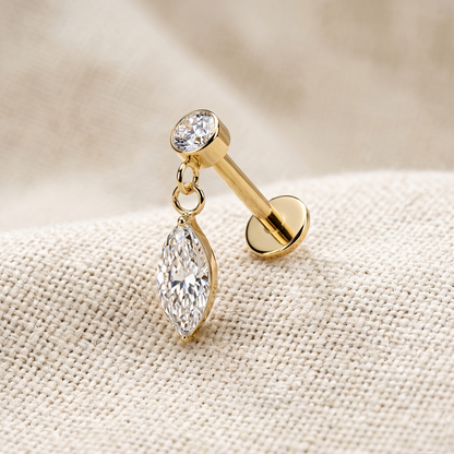 Surgical Steel Marquise CZ Dangle Threaded Flat Back Stud 16G