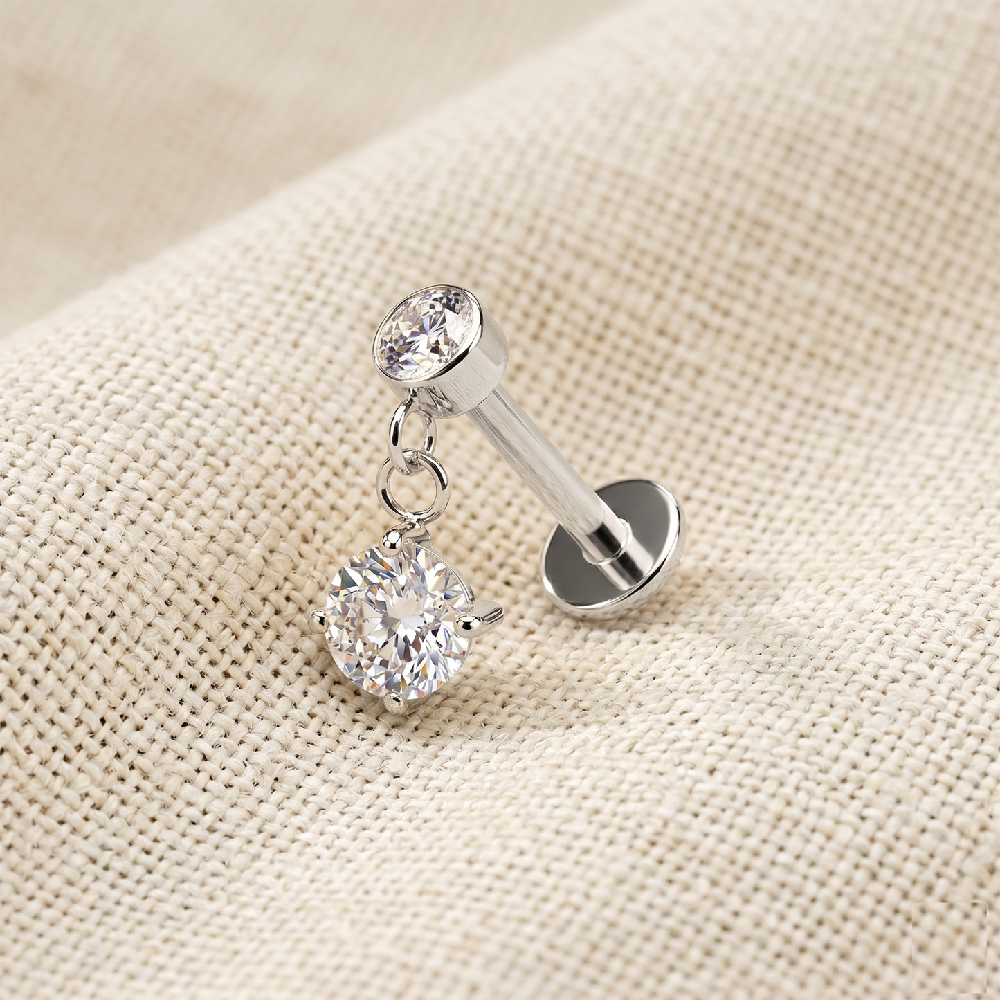 Surgical Steel Round CZ Dangle Threaded Flat Back Stud 16G