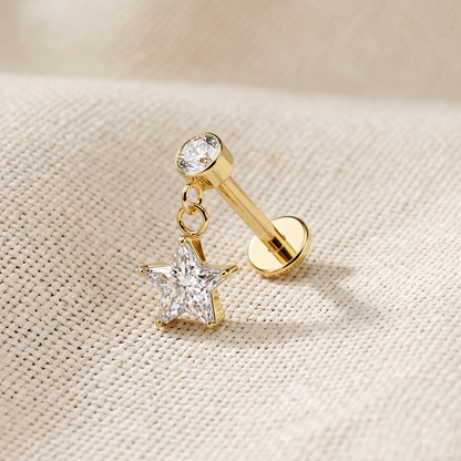 Surgical Steel Star CZ Dangle Threaded Flat Back Stud 16G