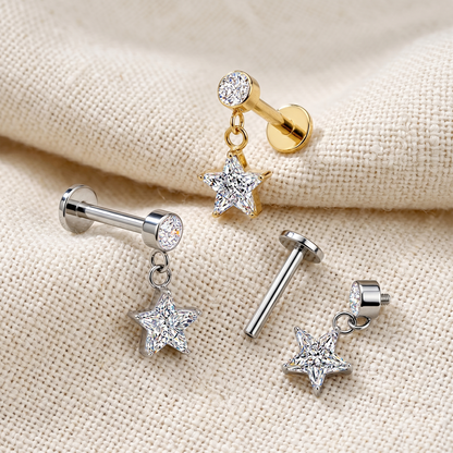 Surgical Steel Star CZ Dangle Threaded Flat Back Stud 16G