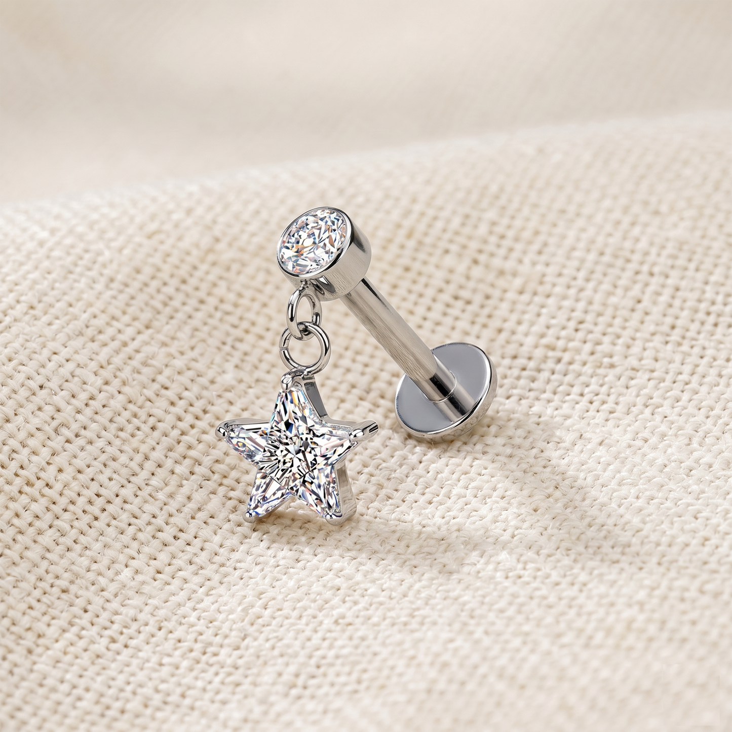 Surgical Steel Star CZ Dangle Threaded Flat Back Stud 16G