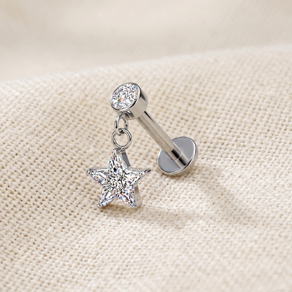 Surgical Steel Star CZ Dangle Threaded Flat Back Stud 16G