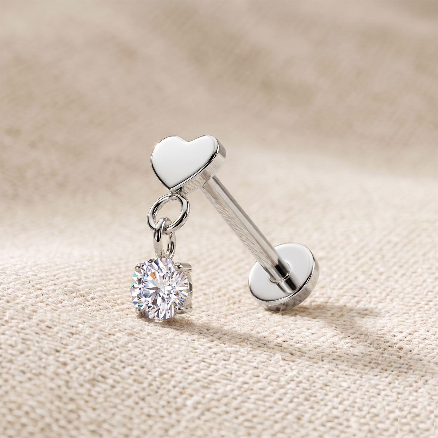 Titanium Heart CZ Dangle Threadless Flat Back Stud
