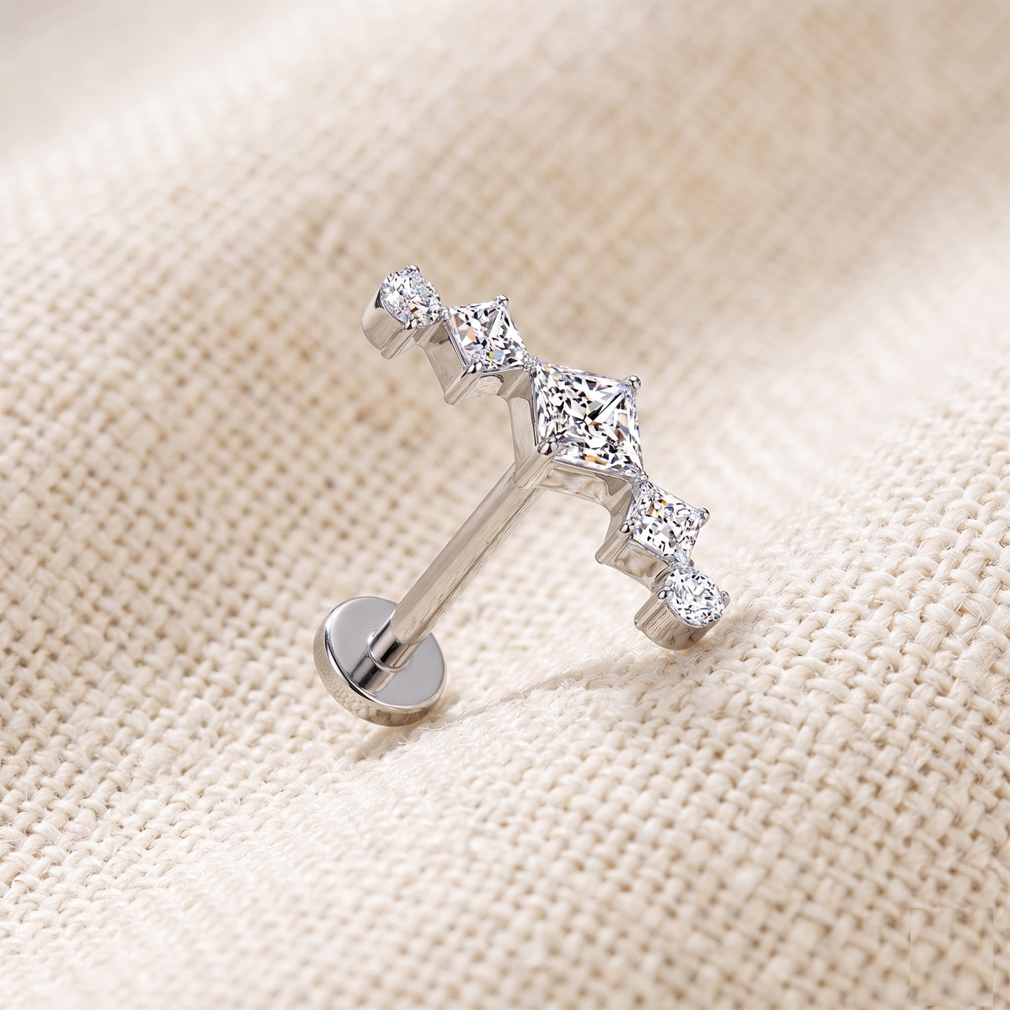 Titanium Triple Diamond Round CZ Threadless Flat Back Stud