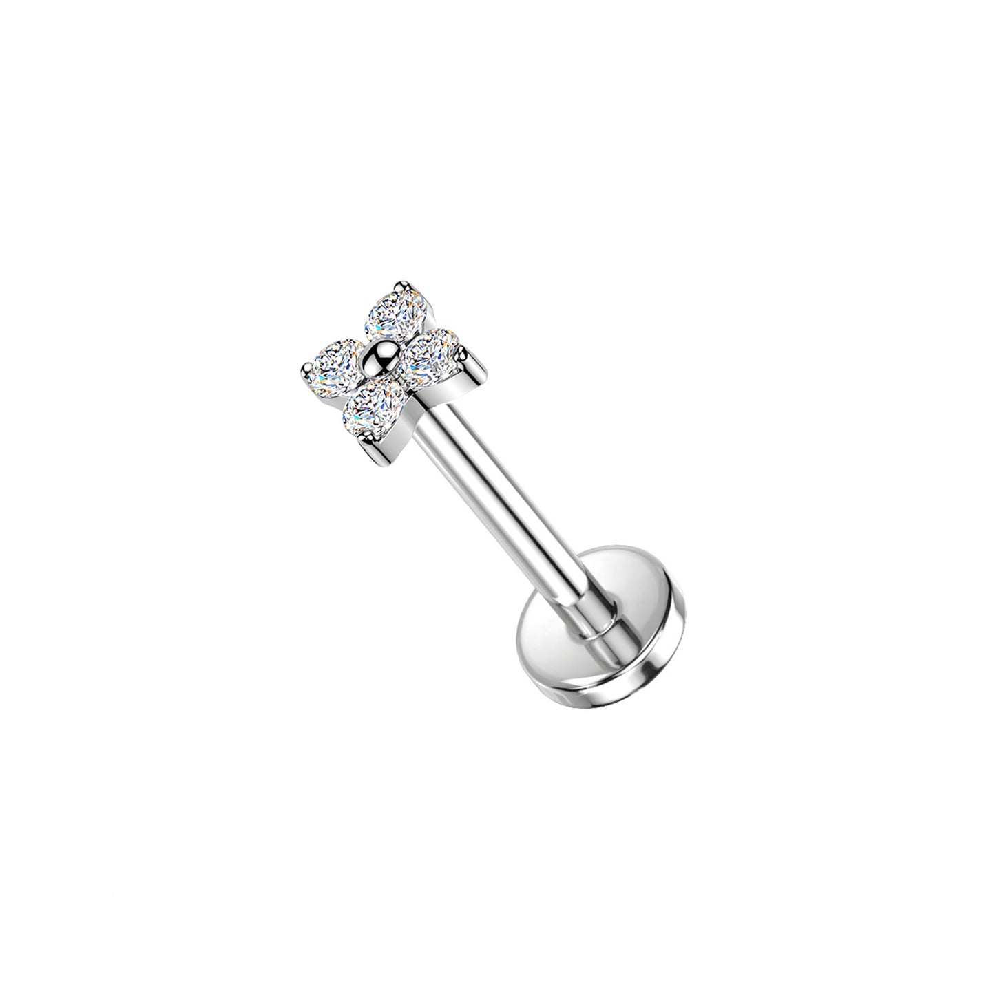 Titanium 4 Stone CZ Flower Threadless Flat Back Stud
