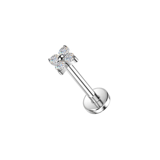 Titanium 4 Stone CZ Flower Threadless Flat Back Stud