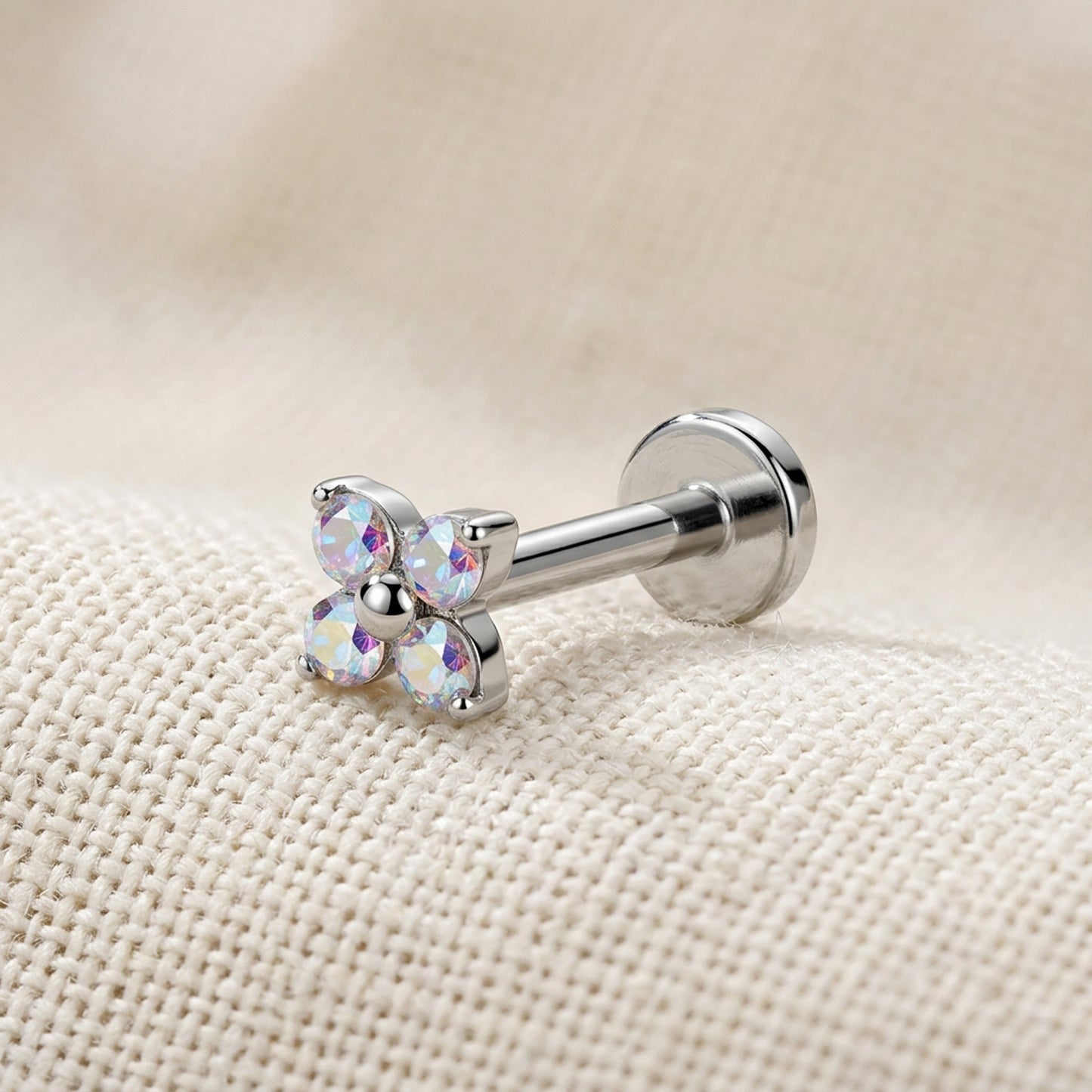 Titanium 4 Stone CZ Flower Threadless Flat Back Stud