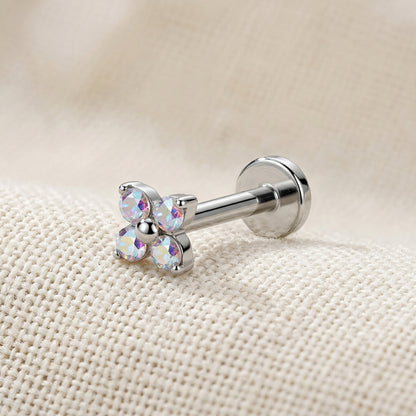 Titanium 4 Stone CZ Flower Threadless Flat Back Stud