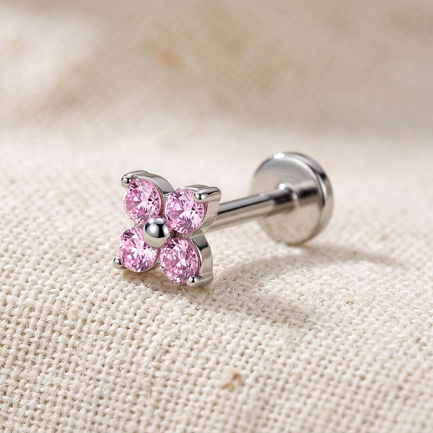 Titanium 4 Stone CZ Flower Threadless Flat Back Stud