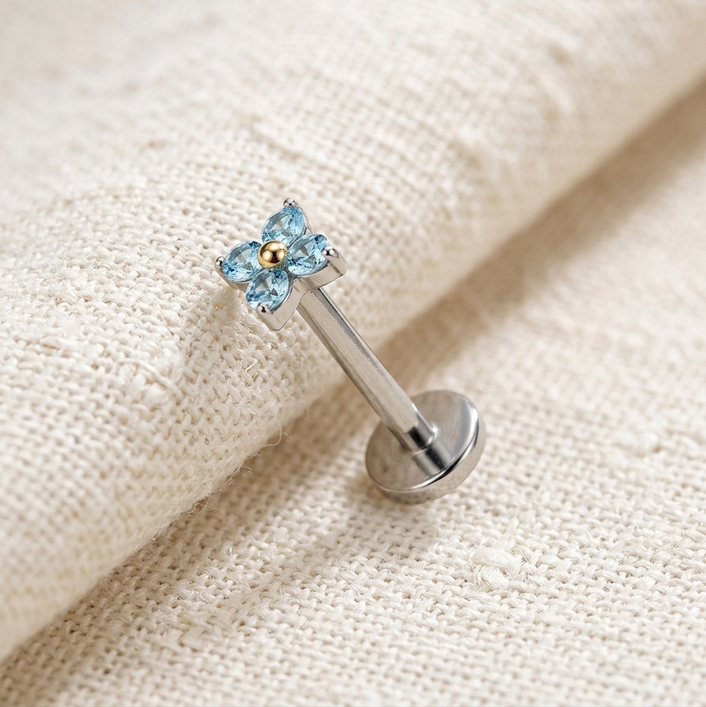 Titanium 4 Stone CZ Flower Threadless Flat Back Stud