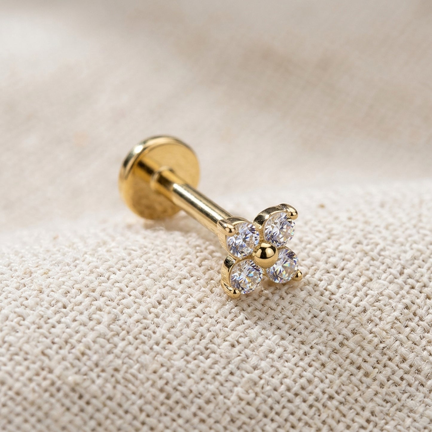 Titanium 4 Stone CZ Flower Threadless Flat Back Stud
