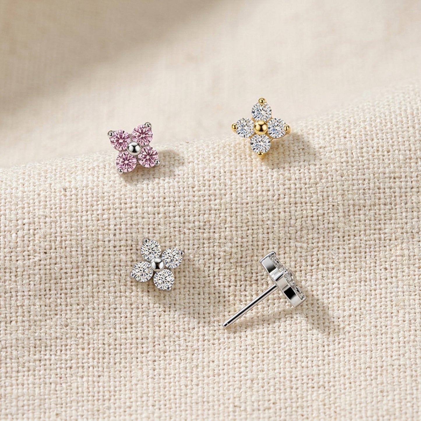 Titanium 4 Stone CZ Flower Threadless Flat Back Stud